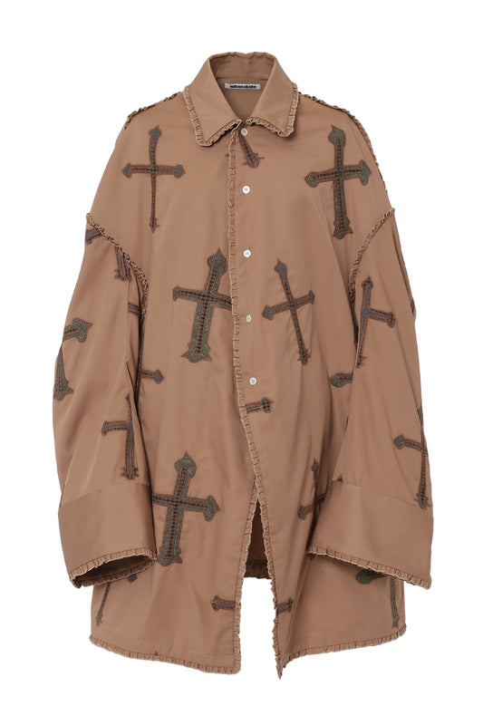 Drop Shoulder Blouse Cross Embroidery / Brown