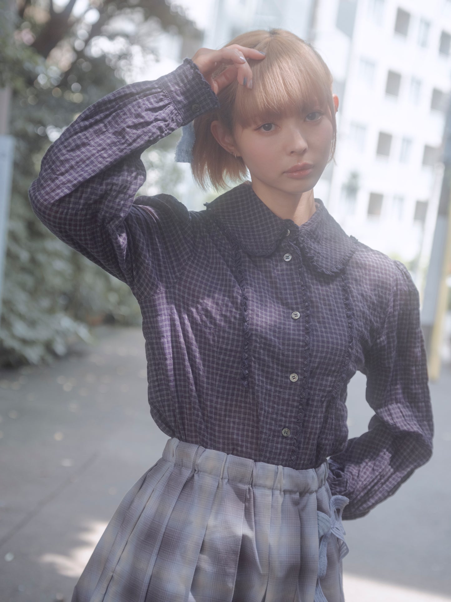 Back Open Shirt Check / Navy