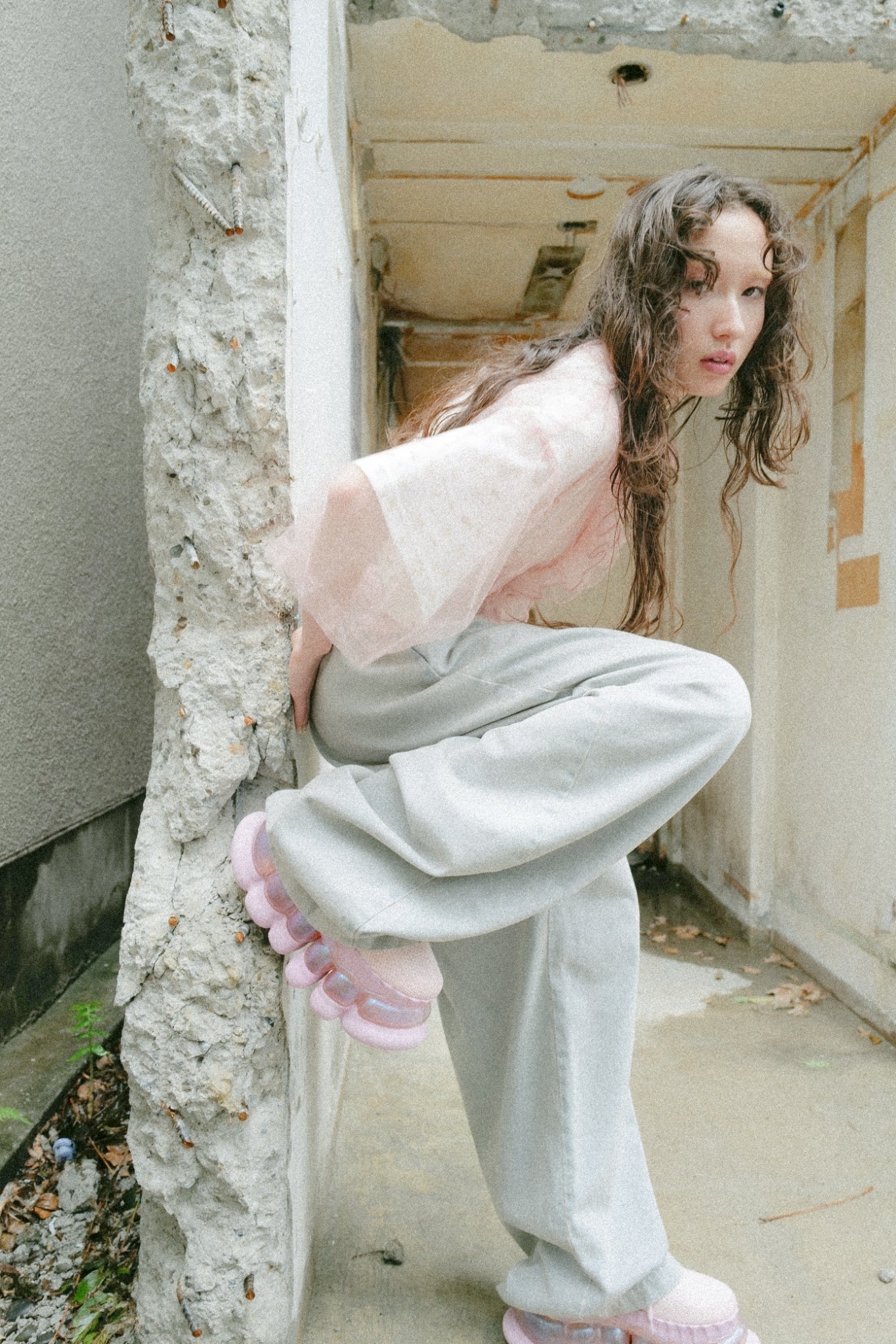 Sheer Frill Blouse / Baby Pink