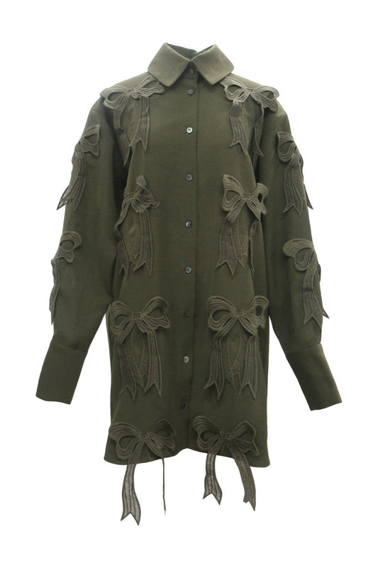 Back Open Long Ribbon Shirt / Khaki